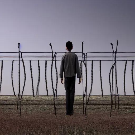 Image similar to a matte painting of a a man standing in front of a wire fence by emiliano ponzi