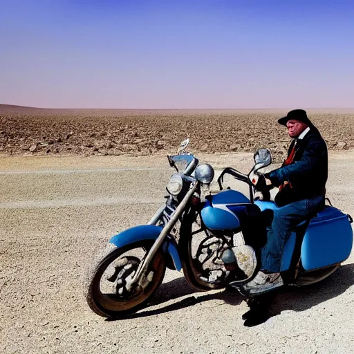 Prompt: a picture of vladimir lenin riding a motorbike, desert road, blue skies, realistic