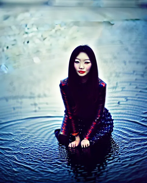 Prompt: wide angle closeup shot, flash long exposure photography of asian woman fashion posing in the lake, russian modern photoshoot, digital illustration by ruan jia, sharp focus, high details