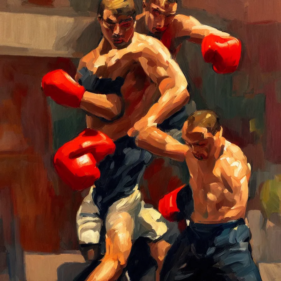 Image similar to a portrait of of boxing man, in the style of edward hopper, in the style of max ginsburg, realism, very small brushstrokes, cinematic lighting, moody, very aesthetic, boxing in an arena, big crowd in the back, flashing lights, 4 k,