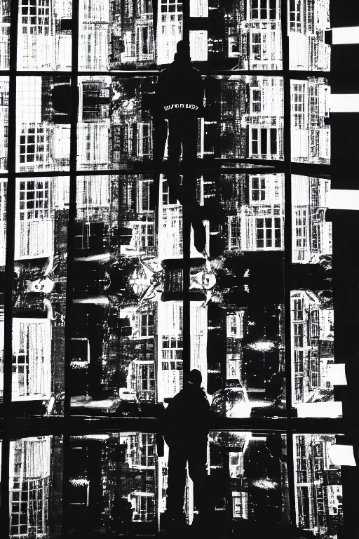 Image similar to view from below, man in reflective jacket closeup, night, the barbican behind, fashion photography, 3 5 mm photography, exposed b & w photography