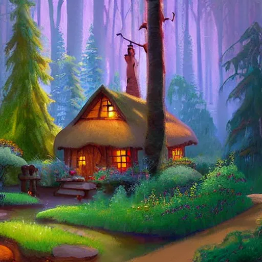 Prompt: a disney background art painting, an old cottage in a beautiful forest, soft light, disney concept art, the art of pixar,