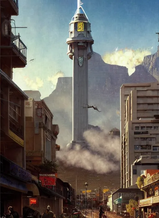 Image similar to hyper realistic robot attacking cape town city,. poster painted by light and magic by wizards of the coast norman rockwell, james gurney and greg rutkowski weta studio, and lucasfilm and best of artstation