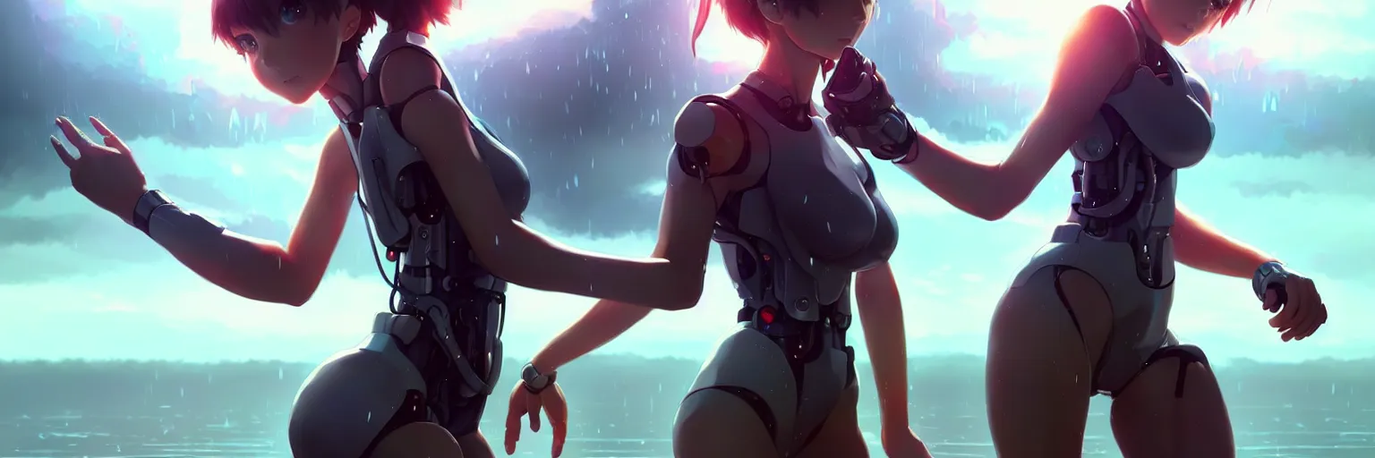 Prompt: wlop!!, ilya kuvshinov, artgerm!!!, krenz cushart, greg rutkowski, a beautiful cyborg - angel girl!! standing on a lake, rainfall, biomechanical details, digital cyberpunk anime art, full body shot!!, reflections!!, lens flare