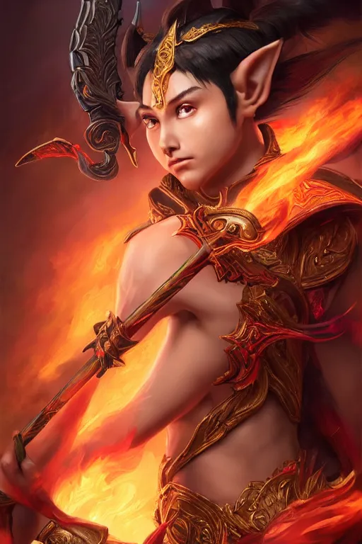 Image similar to a masterpiece portrait of nezha, young elf prince holding spear, flame everywhere, epic pose, fantasy character portrait, closeup shot, hyper detailed, digital painting, 8 k realistic, trending on artstation, sharp focus, dof, by fenghua zhong, artgerm, ne zha from smite, jeff easley, raymond swanland