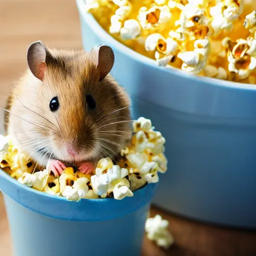 Image similar to a hamster sitting on top of a bucket of popcorn at the movie theater, close up, dslr photo