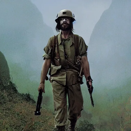 Image similar to an extremely detailed matte painting of a ridiculously good looking jesus that looks like a soldier in the vietnam war, dressed as joker from full metal jacket by stanley kubrick, wearing a ballistic helmet that says'born to save '!!!!, camouflaged gear, jungles of vietnam beautiful, intricate, cinematic, greg rutkowski, stanley kubrick, octane render