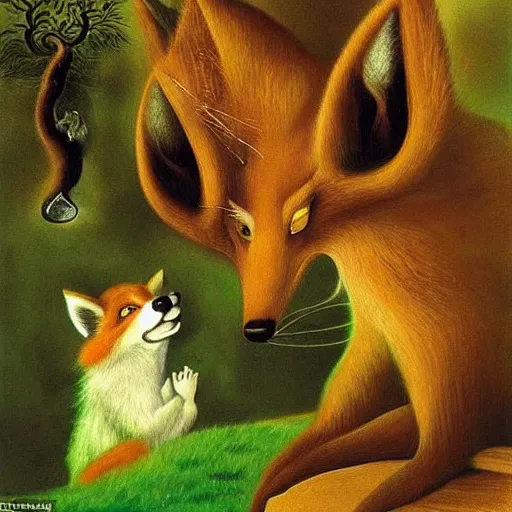 Image similar to A fantasy world photo of a smiling green fox with his youngster, 4k, made by Salvador Dali