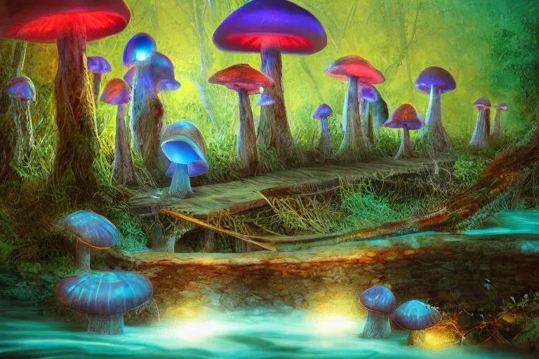 Image similar to giant glowing mushrooms next to a small bridge, flowing water, digital art, blue lighting, acrylic,