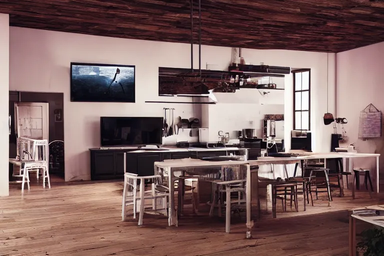 Image similar to IKEA catalogue photo of a high end farmhouse kitchen, vaporwave, screens, TVs, monitors, by Beksiński