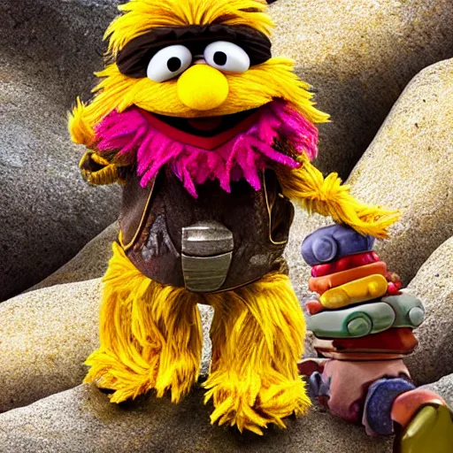 Image similar to an artificer dwarf muppet character with an obsession for gold and gems who loves to sleep on rocky terrain, sesame street, photograph, photography, ultrarealistic, national geographic