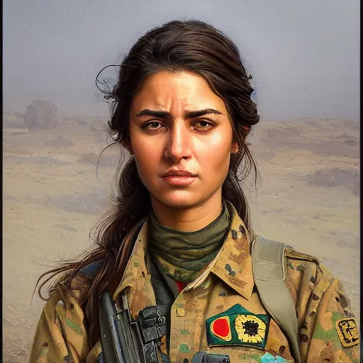 Prompt: a portrait of a beautiful woman Kurdish YPJ soldier, detailed, centered, digital painting, artstation, concept art, donato giancola, Joseph Christian Leyendecker, WLOP, Boris Vallejo, Breathtaking, 8k resolution, extremely detailed, beautiful, establishing shot, artistic, hyperrealistic, beautiful face, octane render