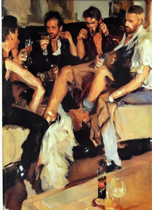 Image similar to glam rocker drinking brutal and raw wine with his friends by joaquin sorolla, phil hale, greek style