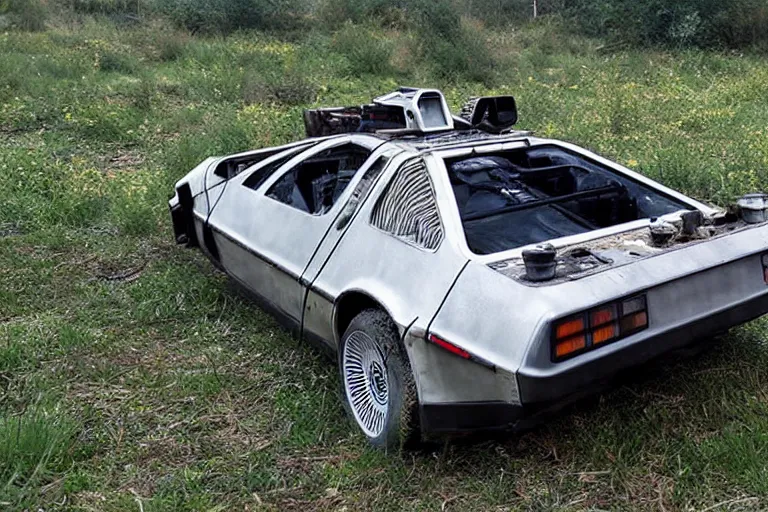 Image similar to abandoned 2 0 2 2 delorean time machine in a field