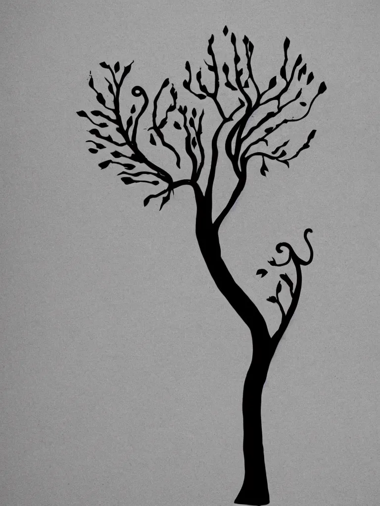 Prompt: minimal silhouette art of acorn that turns into a tree in the shape of a treble clef, a big scar down the middle, splashes of color, inspirational and powerful