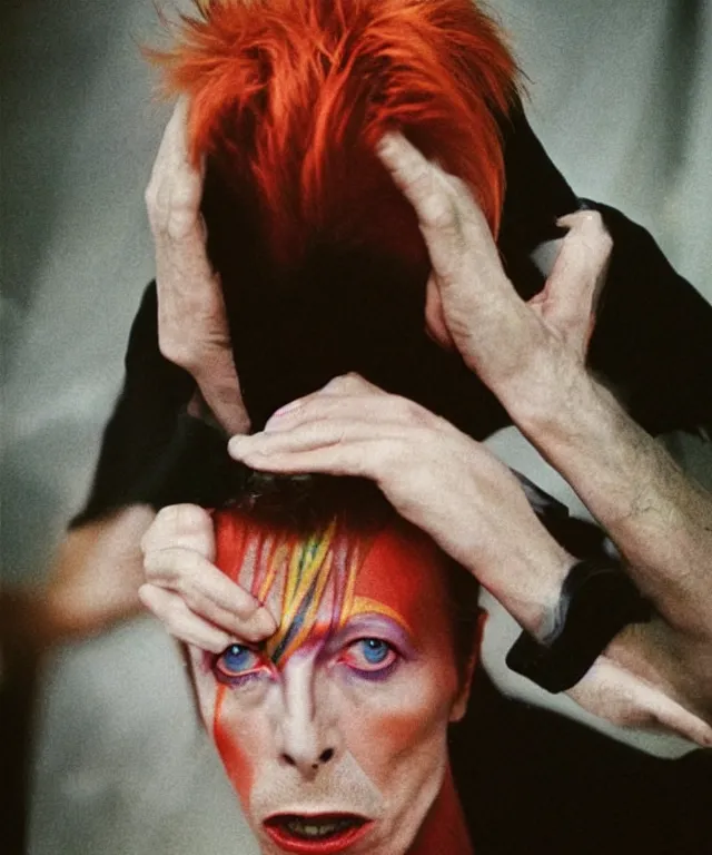 Image similar to a color photograph of david bowie, by nan goldin, intense, bold, exaggerated, overblown, hyperrealistic, ultra sharp, extra details, ultra high quality, trending on pinteresst