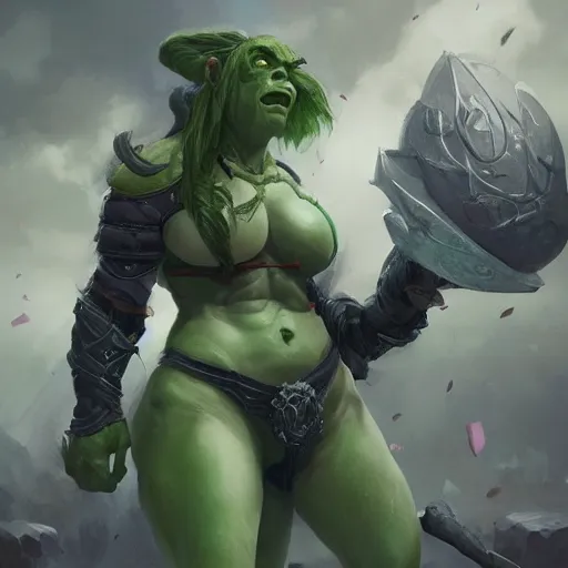 Image similar to a full character portrait of a toned physique green orc woman with a ponytail in full plate armor, by greg rutkowski, wlop, astri lohne, wei wang, trending on artstation