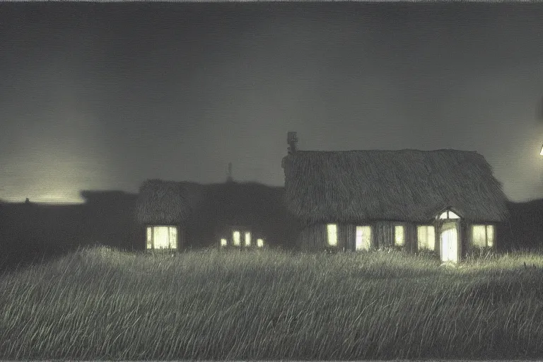 Image similar to a cinematic hyperrealism highly detailed photograph of a small cottage in a dark black night on a wide prairie, by issac levitan and studio ghibli, deviantart