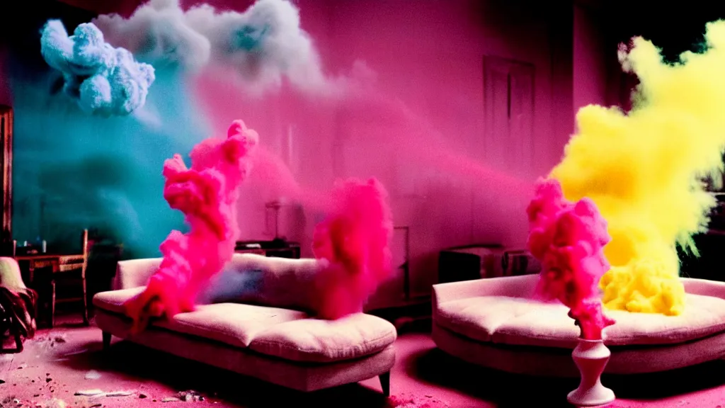 Image similar to colored powder explosion in the living room, film still from the movie directed by Denis Villeneuve with art direction by Salvador Dalí, wide lens