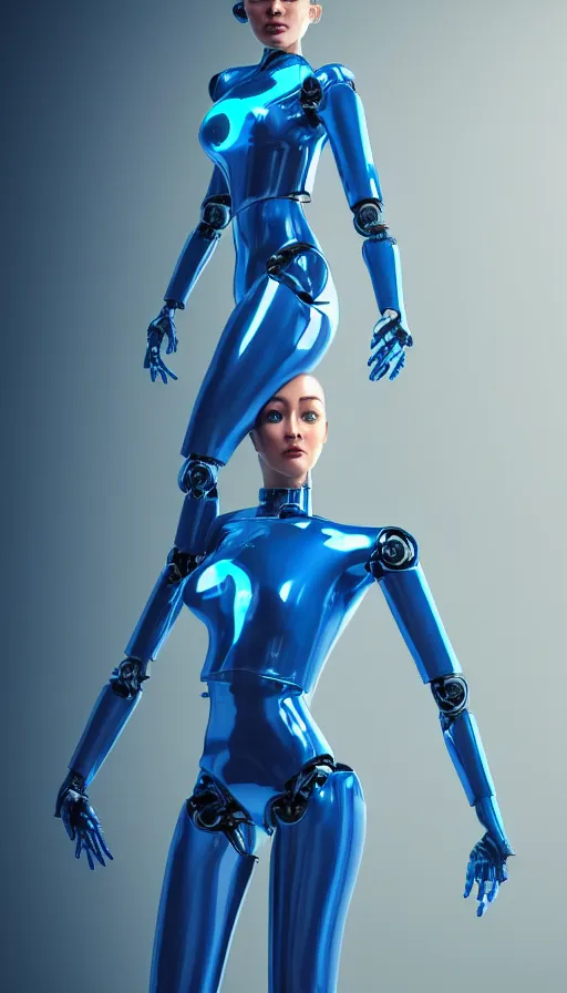 Image similar to a beautiful female robot human hybrid wearing a blue latex jumpsuit, circuitry glowing through the suit like tron, face, torso, legs, feet, full body epic angle, octane render, photo realistic, hyper realistic, 8 k resolution in the style of alvin schwartz