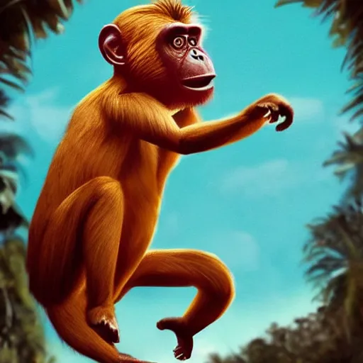 Image similar to Africa, beautiful portrait of many Emma Watsons jumping like a ginger big red monkey, face like monkey with banana on palms, many Emma Watson actress monkey face paint chimping , like , powerful , magic, thunders, dramatic lighting, intricate, wild, highly detailed, digital painting, artstation, concept art, smooth, sharp focus, illustration, art by artgerm and greg rutkowski and alphonse mucha, footage