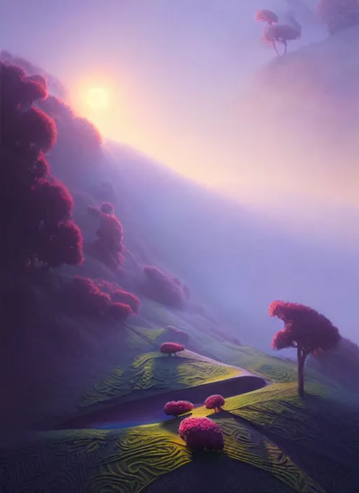 Image similar to spring mornings in the low - poly hills, diffuse lighting, intricate, surrealism!!!!!!!!, highly detailed, lifelike, photorealistic, digital painting, artstation, illustration, surreal concept art, smooth, sharp focus, by greg rutkowski, chris tulloch mccabe, valentina remenar and asher duran,