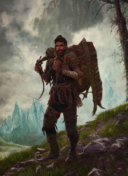 Image similar to an epic fantasy comic book style portrait painting of a male fantasy explorer in the wilds with a backpack and map, unreal 5, daz, hyperrealistic, octane render, cosplay, rpg portrait, dynamic lighting