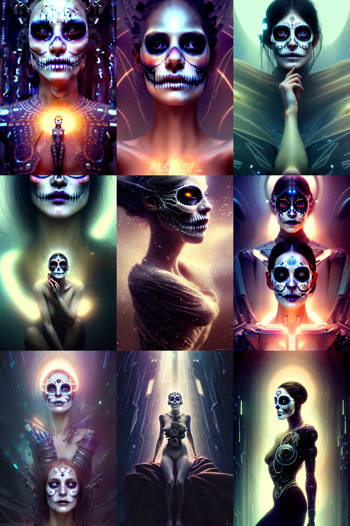 Prompt: awakening, beautiful crying cyborg woman. ethereal, octane render, elegant, fantasy, blade runner, pose, photorealistic, cover shot, interstellar, intricate detailed environment. vogue, ( ( ( el dia los muertos ) ) ), 8 k, hd. by terry o'neill and rossdraws and greg rutkowski and alphonse mucha and loish and wlop