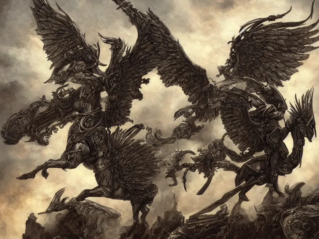 Image similar to valkyrie on pegasus, epic scene, style of brom, highly detailed