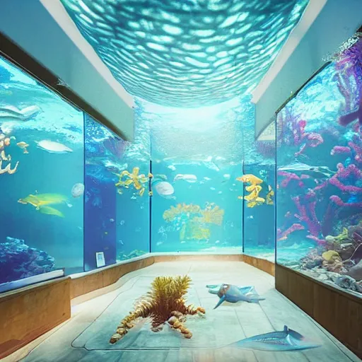 Image similar to the realistic photo of the modern room as aquarium with a chandelier as a big jellyfish, beautiful corals on the walls and sharks in the big panoramic window, under the ocean, realistic colors, realistic shadows, daylight made in blender, hd, 3 d by beeple and damian hirst