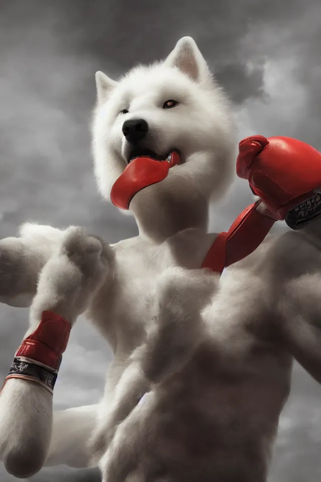 Image similar to samoyed dog head on a human body as a muay thai kickboxer, gloves on hands, Wai Kru Ram Muay, Rajadamnern Stadium, world championship fight, photorealistic, cinematic lighting, 4k