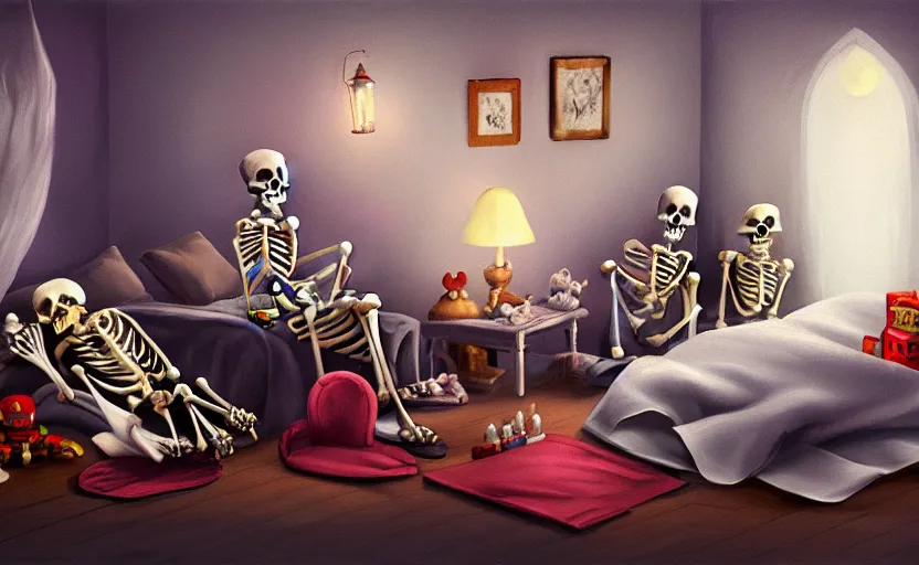 Prompt: matte oil painting of a skeleton dressed in pajamas and nightcaps and robes and slippers inside of a dim bedroom that is full of knickknacks and toys, sleepy, cozy, warm