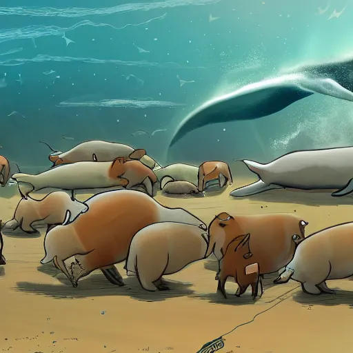 Image similar to capybaras converging on whale evolution, highly detailed concept art