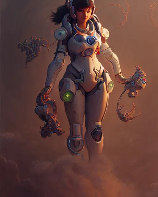 Image similar to d. va from overwatch, character portrait, concept art, intricate details, highly detailed by greg rutkowski, michael whelan and gustave dore