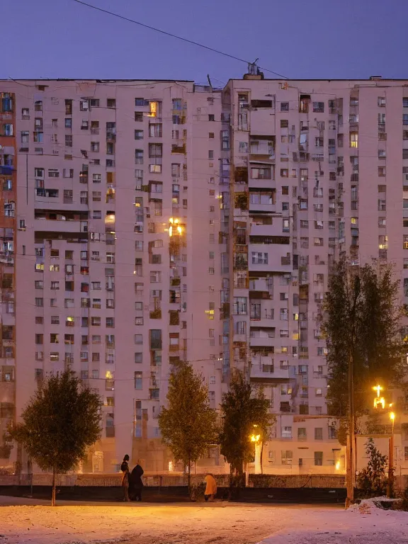 Prompt: film still of low russian residential building in suburbs, lights are on in the windows, deep night, post - soviet courtyard, cozy atmosphere, light fog, street lamps with orange light, several birches nearby, several elderly people stand at the entrance to the building