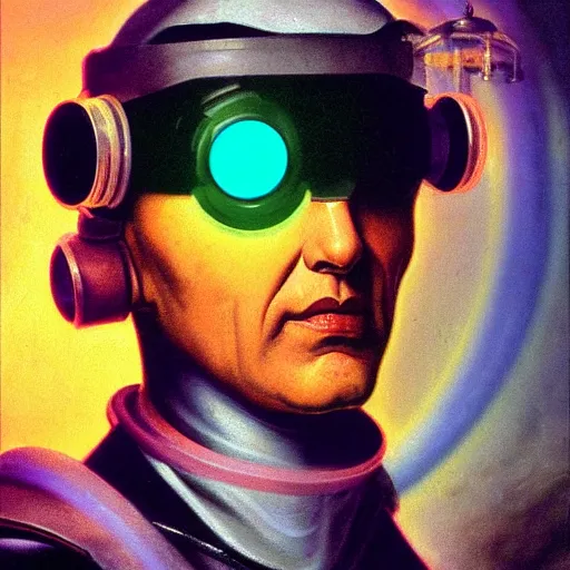 Prompt: a baroque neoclassicist close - up portrait of a colorful retrofuturistic blacklight uv cyborg scientist wizard with glowing eyes, glowing fog in the background. renaissance portrait painting. highly detailed science fiction painting by norman rockwell, frank frazetta, and syd mead. rich colors, high contrast, gloomy atmosphere, dark background. trending on artstation