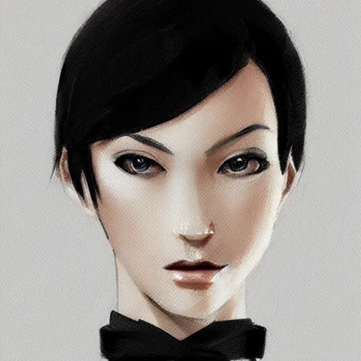 Image similar to slim girl in tuxedo with short black hair, elegant, 2d, ultra highly detailed, digital painting, smooth, sharp focus, artstation, art by Tsutomu Nihei