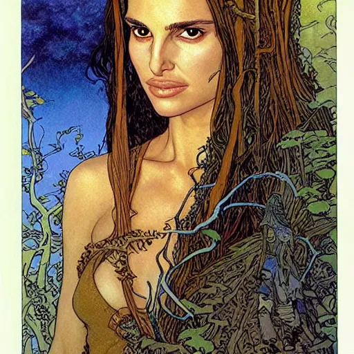 Prompt: a realistic, very beautiful and atmospheric portrait of a young natalie portman as a druidic warrior wizard looking at the camera with an intelligent but seductive gaze by rebecca guay, michael kaluta, charles vess and jean moebius giraud