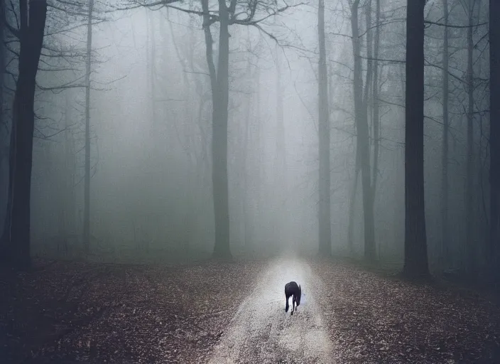 Image similar to medium shot, an evil horse is walking, woods, horror, fog, polaroid photo, vintage, neutral colors, by gregory crewdson,