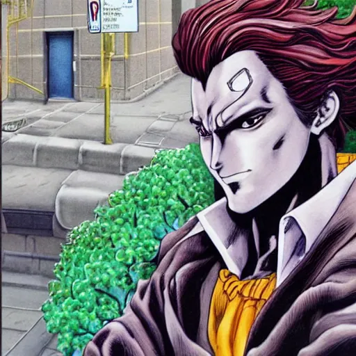 Image similar to a beautiful painting of a man with superpowers posing for a picture on a city street by hirohiko araki, detailed line art, jojos bizarre adventure