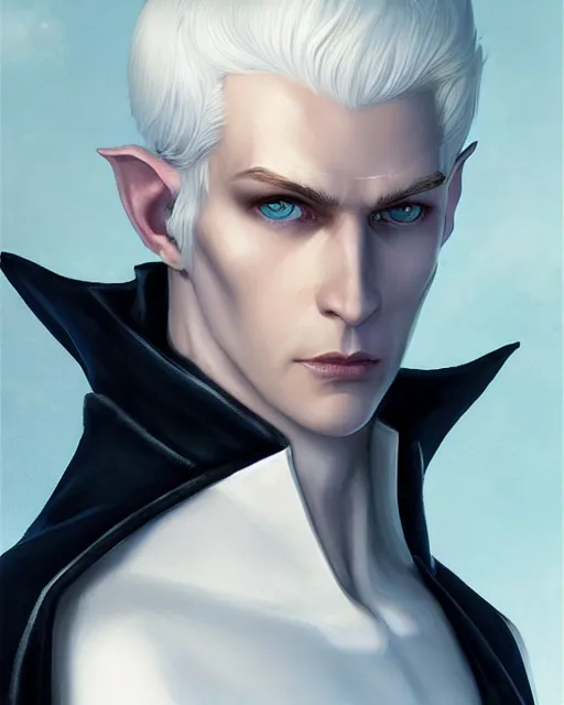 Image similar to character portrait of a slender young half white haired elven man with and piercing blue eyes and pale bluish skin, wearing sleek pearlescent black armor, by greg rutkowski and mark brookes and jim burns and tom bagshaw and magali villeneuve, trending on artstation