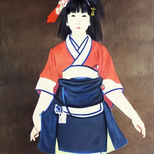 Image similar to a painting of Japanese schoolgirl, clothed, stylish