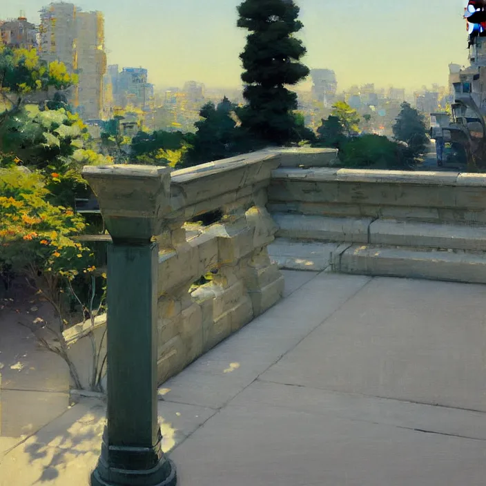 Image similar to painting of a stone railing urban japanese city in the background, calm, sunny day, artwork by jeremy lipkin and giuseppe dangelico pino and michael garmash and rob rey and greg manchess and huang guangjian and makoto shinkai, sharp edges, simple form, 1 0 0 mm