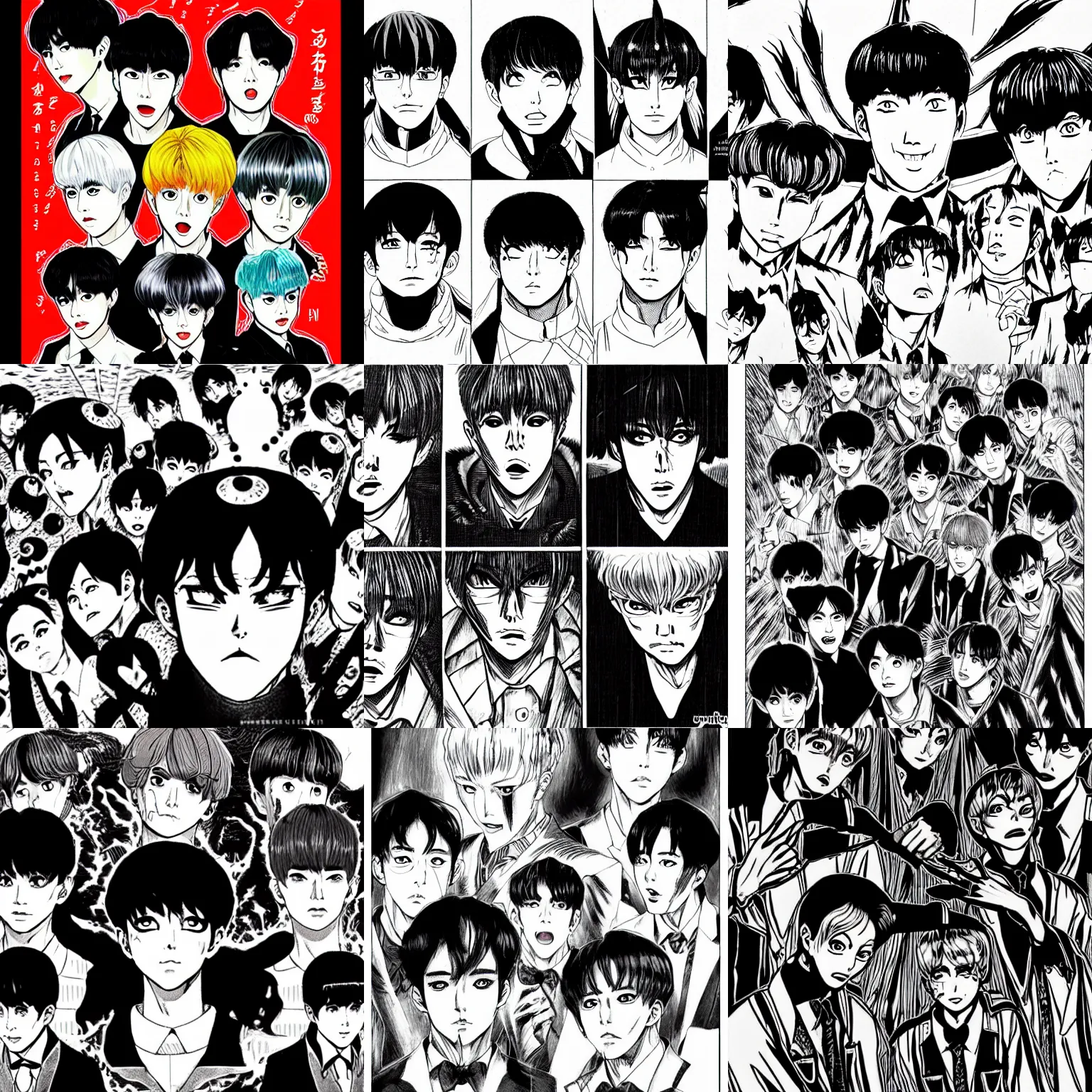 Prompt: bts as demonic manga villains by junji ito