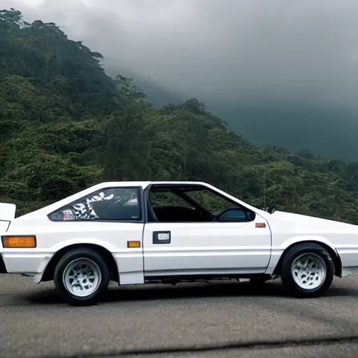 Image similar to Toyota AE86 Trueno white with black capo drifting through quindio\'s mountains with a cloud of white smoke coming out of the rear tires, photography, 8k