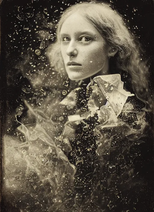 Prompt: old wetplate daguerreotype portrait, explosion of data fragments, thin micro fibers, fractal, intricate, elegant, highly detailed, parallax, leica, medium format, subsurface scattering, by jheronimus bosch and greg rutkowski and louis jacques mande daguerre