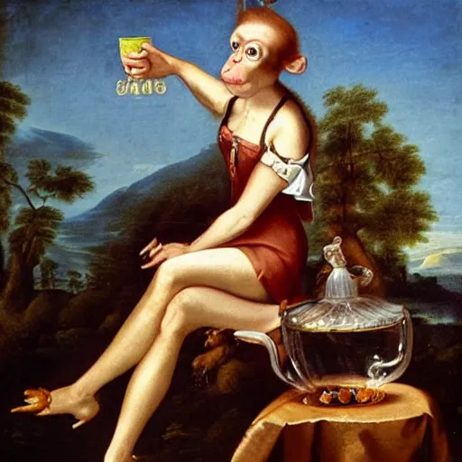 Image similar to a monkey with heels drinking tea as a baroque painting