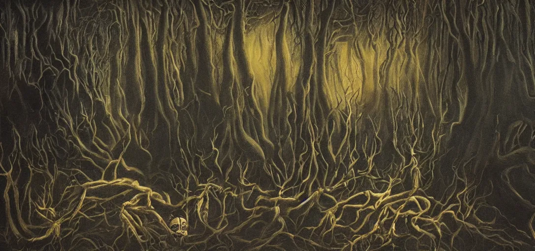 Prompt: A horror painting of a dark fantasy forest, pain, agony, sorrow