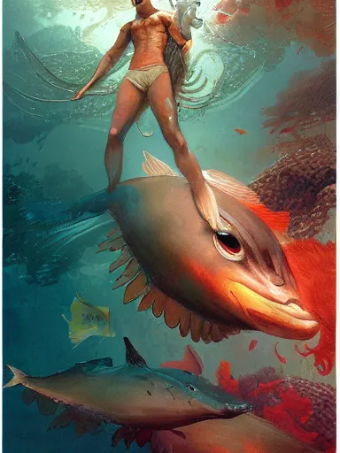 Prompt: harmony black haired merman golden fins, colorful coral, muted colors, wlop, james jean, victo ngai, highly detailed, fantasy art by craig mullins, thomas kinkade