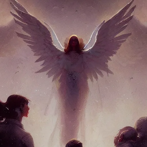 Image similar to priests crying while angels fly above them geog darrow greg rutkowski